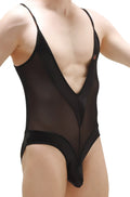 Bodythong Bonson Black sheer mesh one-piece swimsuit with deep v-neckline and solid black fabric trim