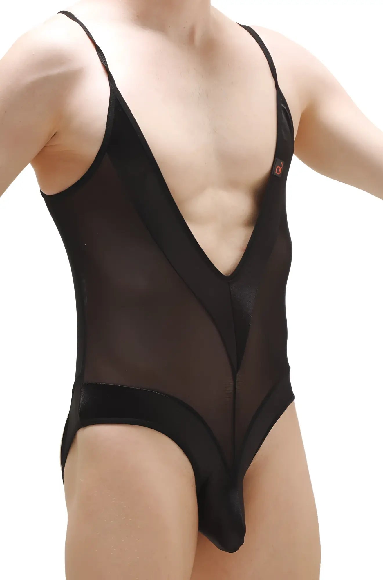 Bodythong Bonson Black sheer mesh one-piece swimsuit with deep v-neckline and solid black fabric trim