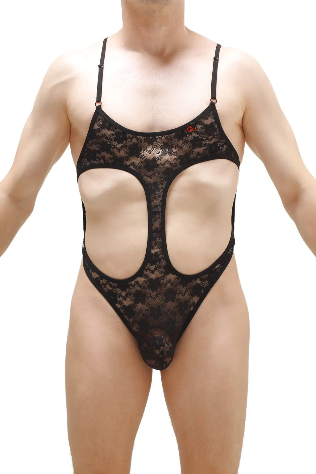 Black lace bodysuit with cutout design featuring lace material and thong style in black color