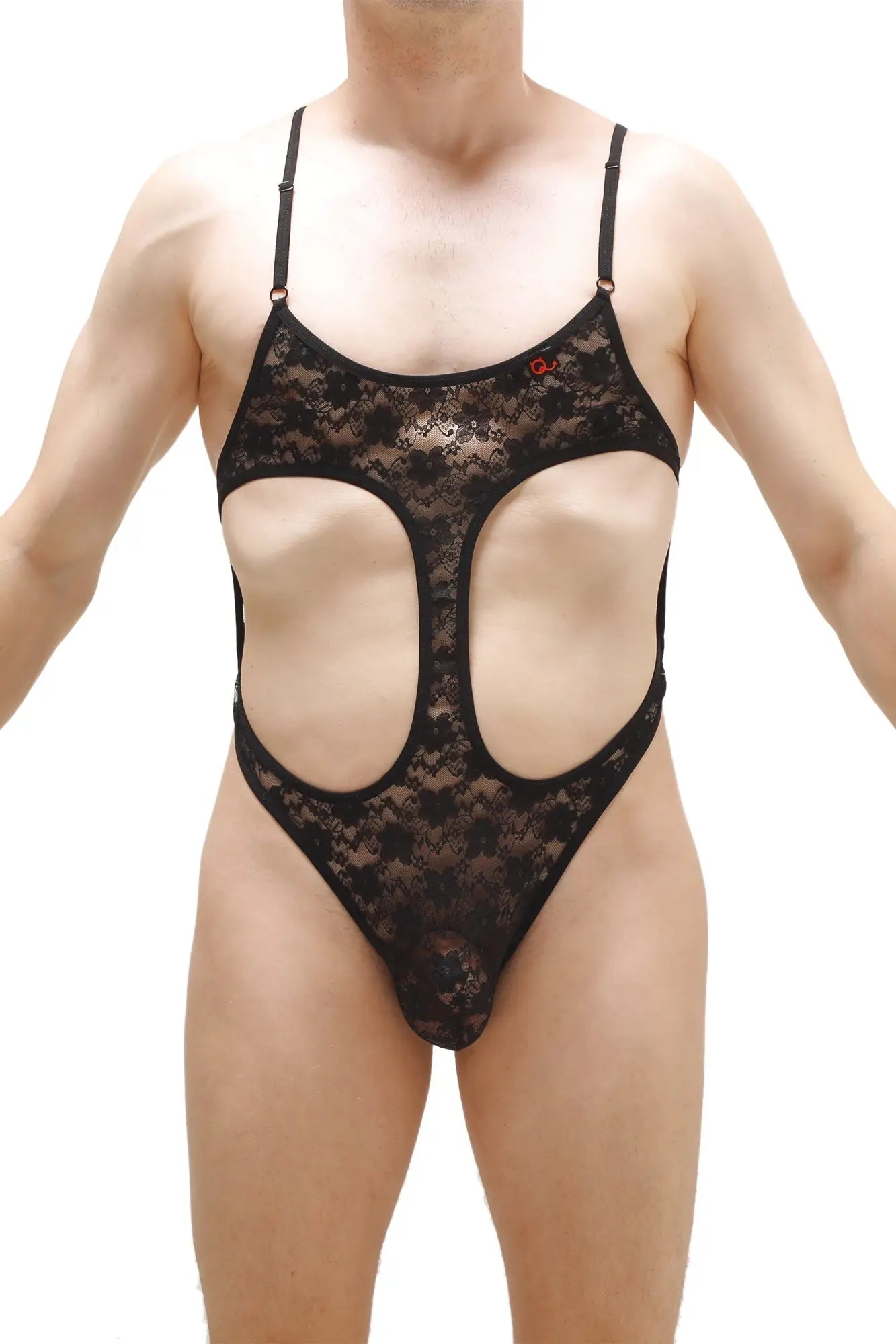 Black lace bodysuit with cutout design featuring lace material and thong style in black color