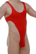 Red one-piece bodythong carbay joe swimsuit with cutout design and thin shoulder straps