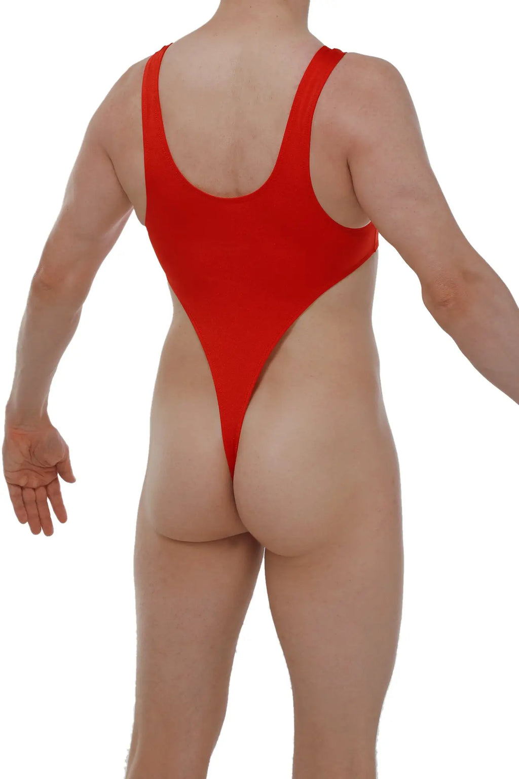A vibrant red bodythong carbay joe one-piece swimsuit with high-cut legs and wide shoulder straps