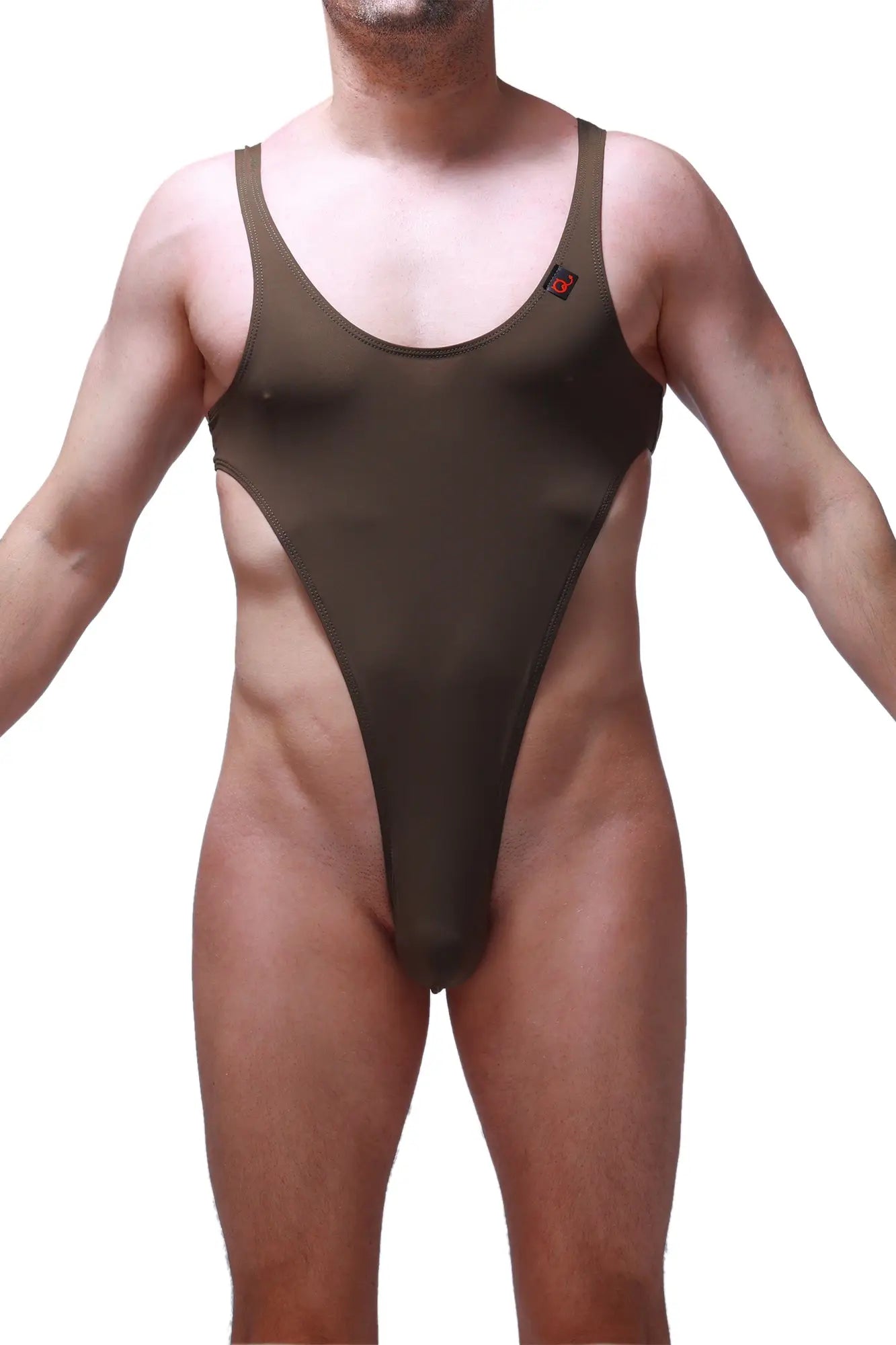 Olive green one-piece swimsuit bodythong carbay with high-cut legs and thin shoulder straps