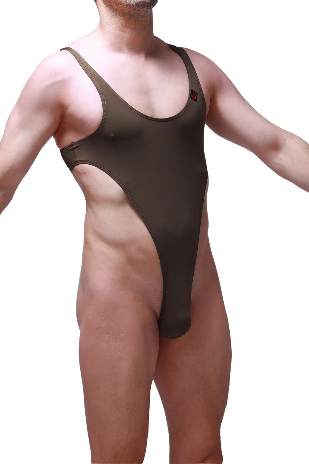 A sleek olive green bodythong carbay one-piece swimsuit with high-cut legs and thin shoulder straps