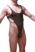 A sleek olive green bodythong carbay one-piece swimsuit with high-cut legs and thin shoulder straps