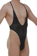 Bodythong Causson Durtol black mesh one-piece swimsuit with deep v-neckline and high-cut legs front view