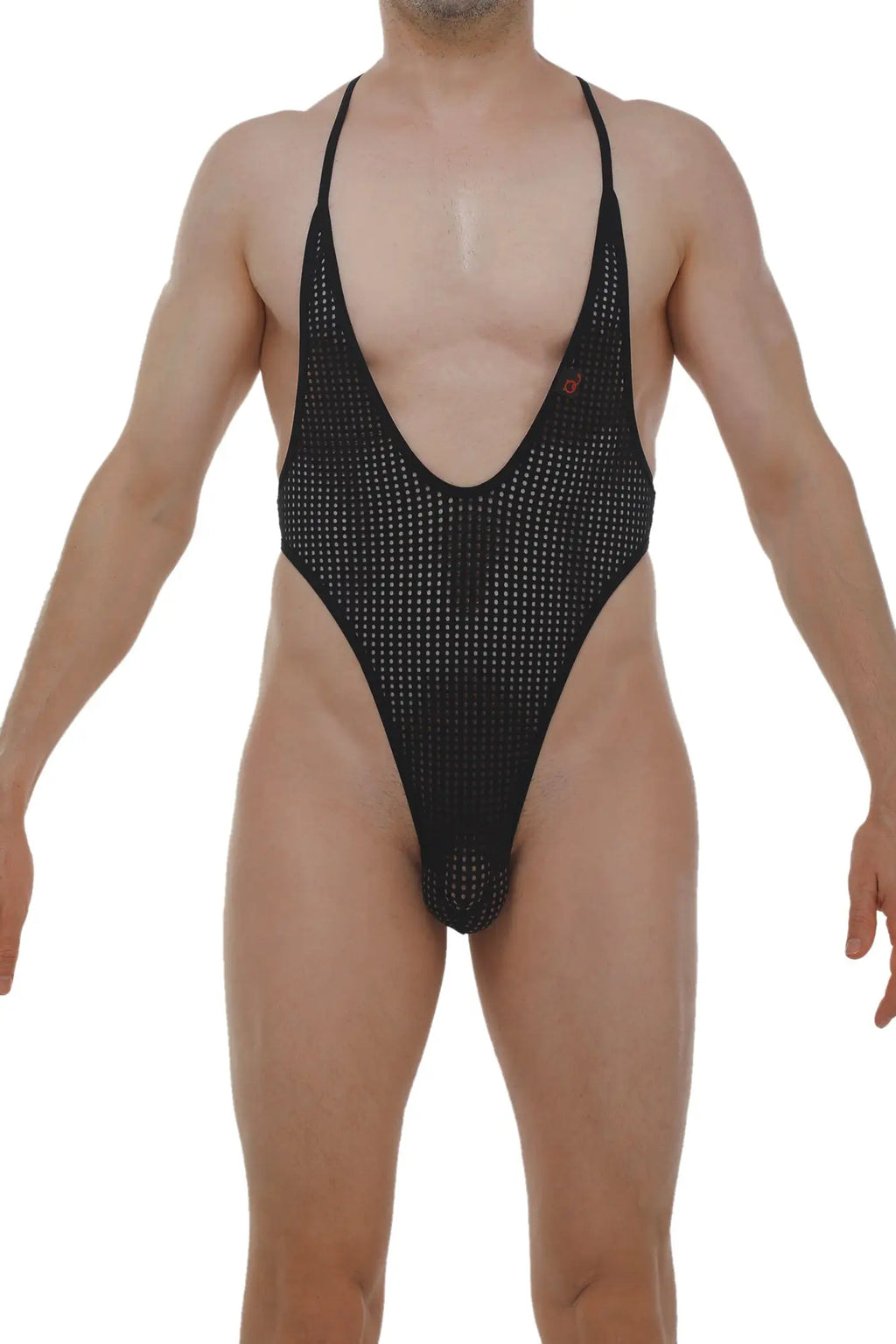 Black mesh one-piece swimsuit bodythong causson durtol with deep v-neckline and thin shoulder straps