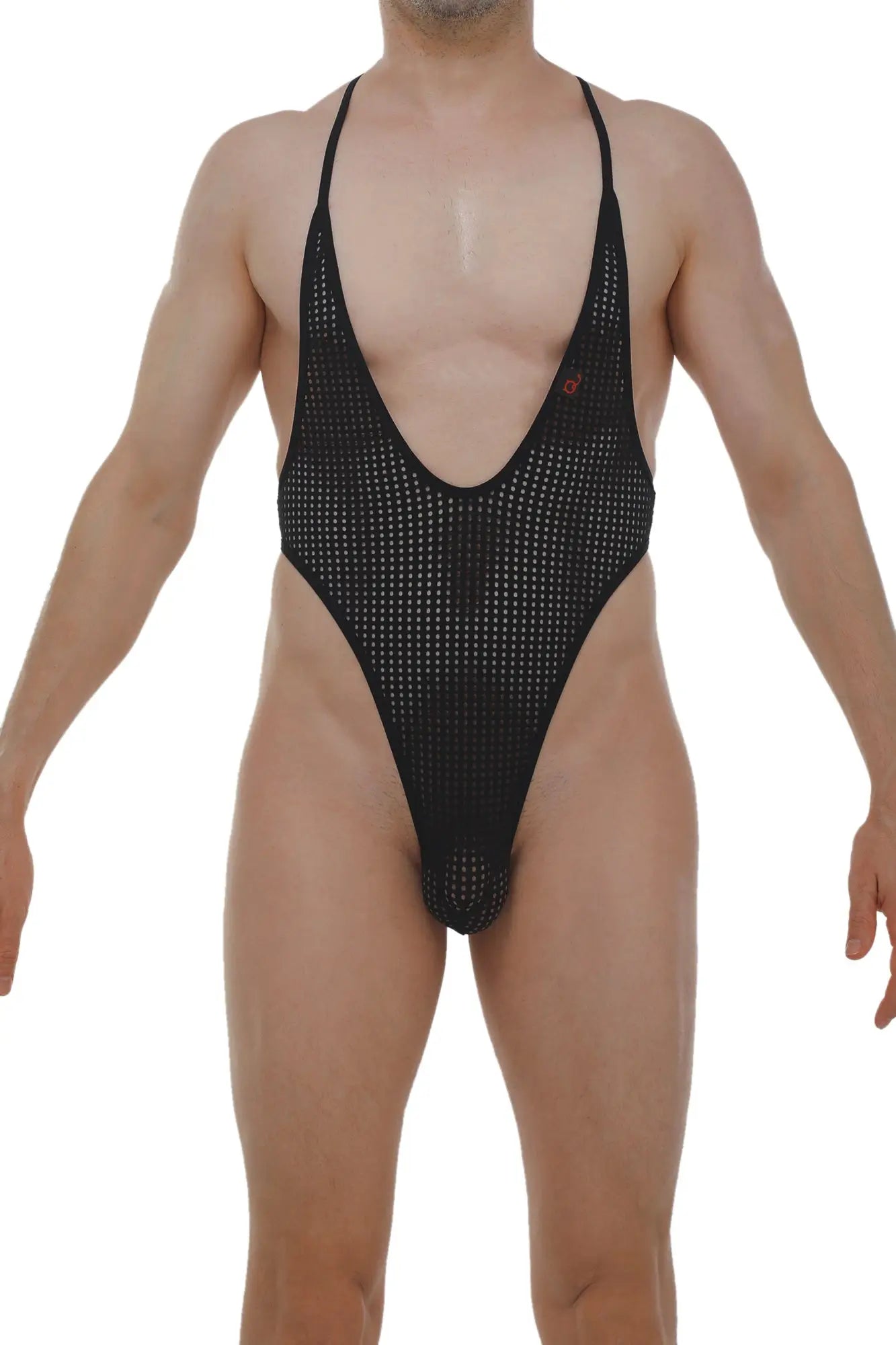 Black mesh one-piece swimsuit bodythong causson durtol with deep v-neckline and thin shoulder straps
