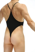 Black one-piece swimsuit bodythong causson plum with thin crisscross straps and high-cut leg design visible from the back