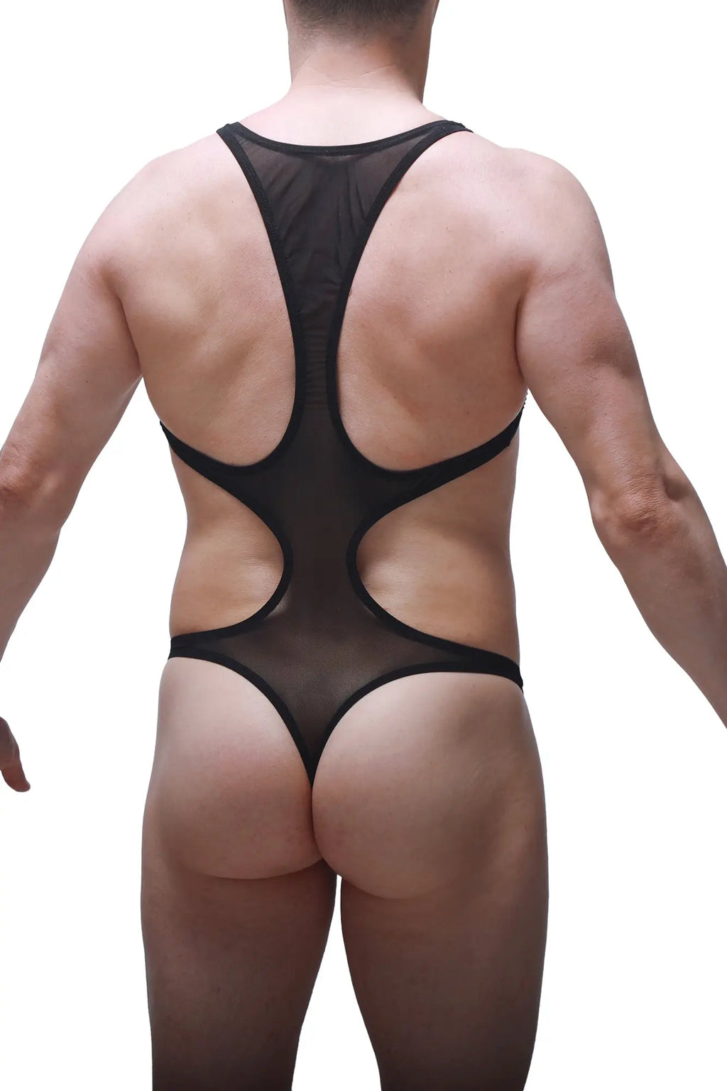 Black sheer mesh bodysuit bodythong gracay net black with bold cutout design showing front view