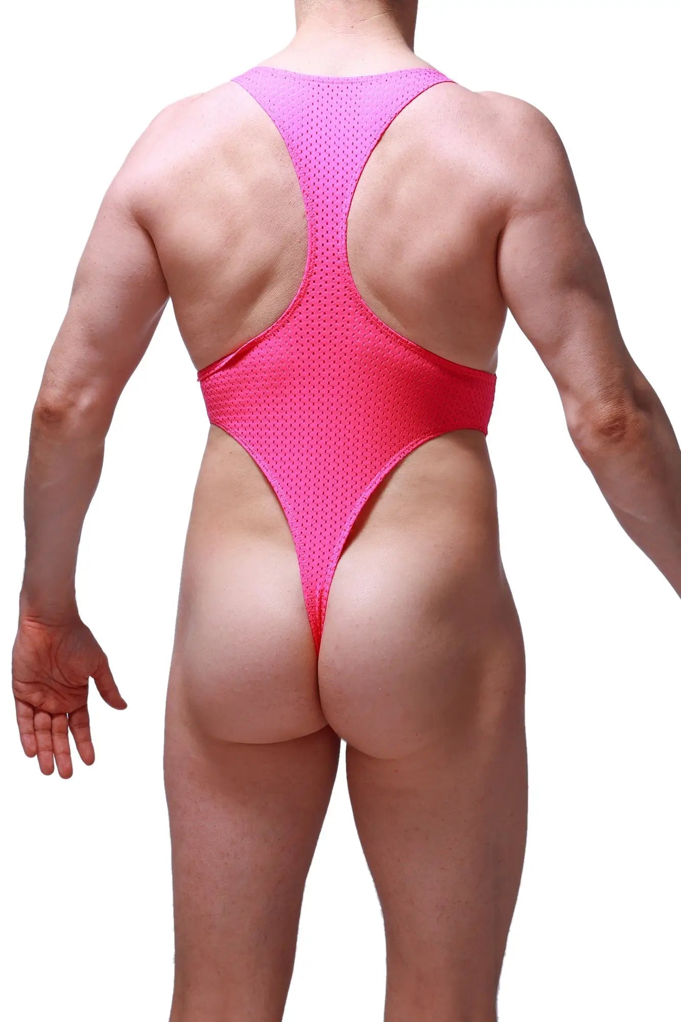 A vibrant pink mesh one-piece swimsuit with high-cut legs and racerback straps from bodythong journy bee pink