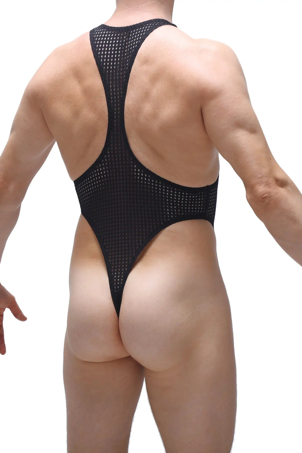 Bodythong Journy Durtol black one-piece swimsuit in black mesh with high-cut legs and racerback straps shown from the back