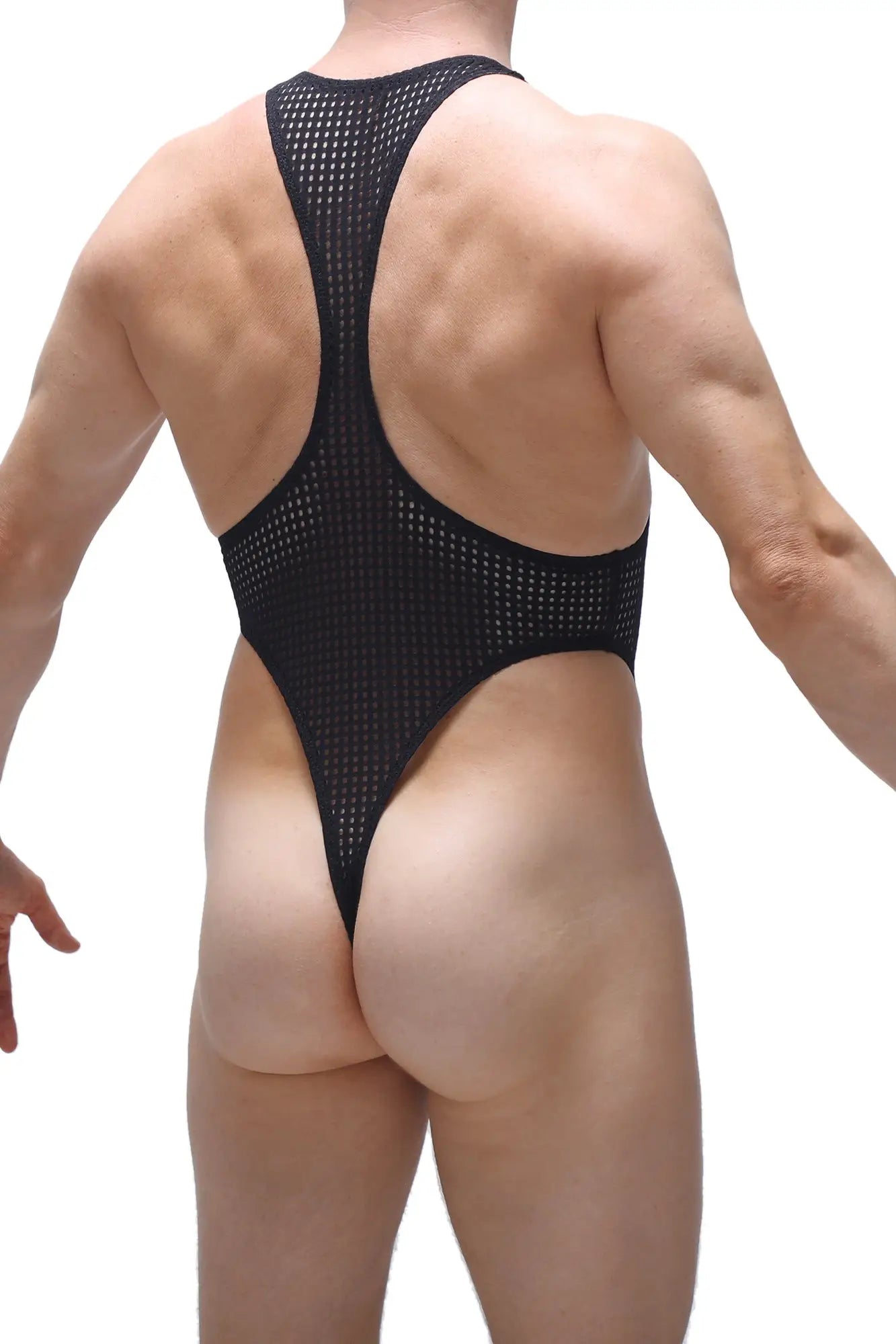 Bodythong Journy Durtol black one-piece swimsuit in black mesh with high-cut legs and racerback straps shown from the back