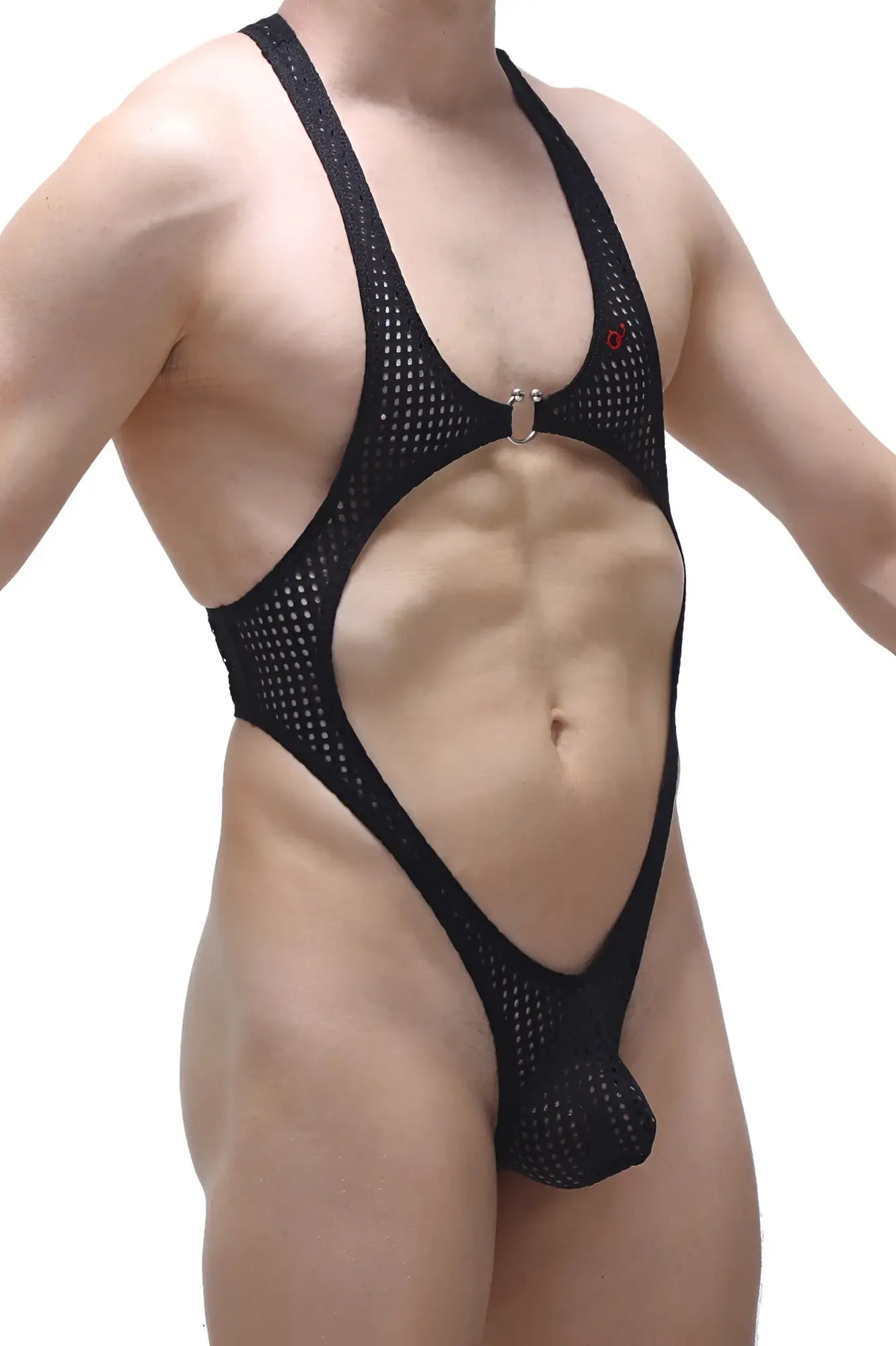 Bodythong journy durtol black mesh one-piece swimsuit with plunging neckline and open-back design shown from back