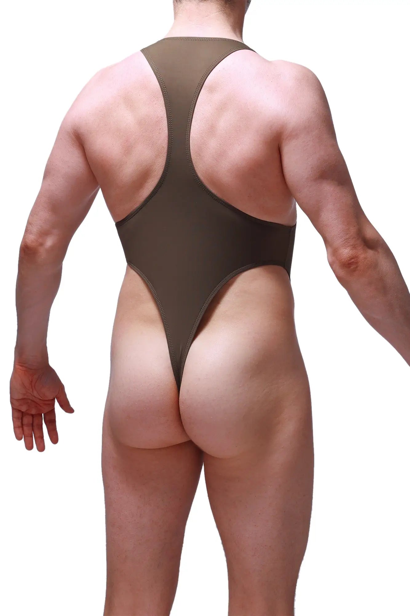 A sleek olive-green Bodythong Journy one-piece swimsuit with high-cut legs and racerback straps shown from the back