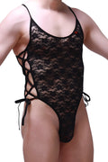 Black lace bodysuit with floral pattern and adjustable side ties in a bodythong lacets lace black design
