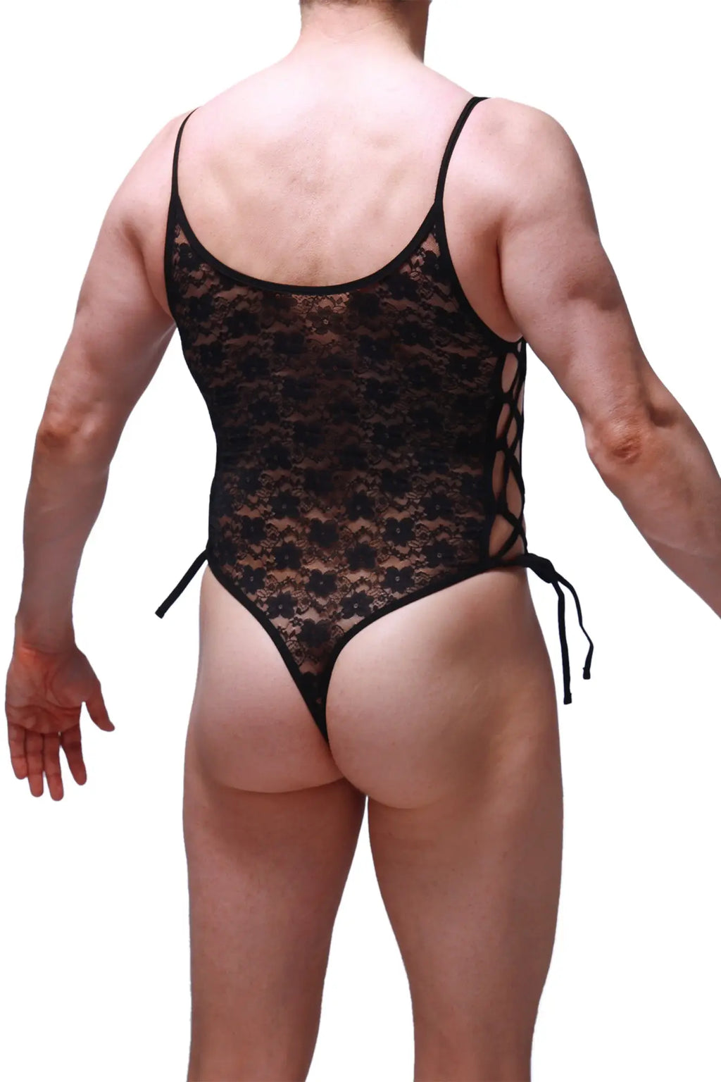 Black lace bodythong with floral pattern and side ties made of delicate lace material