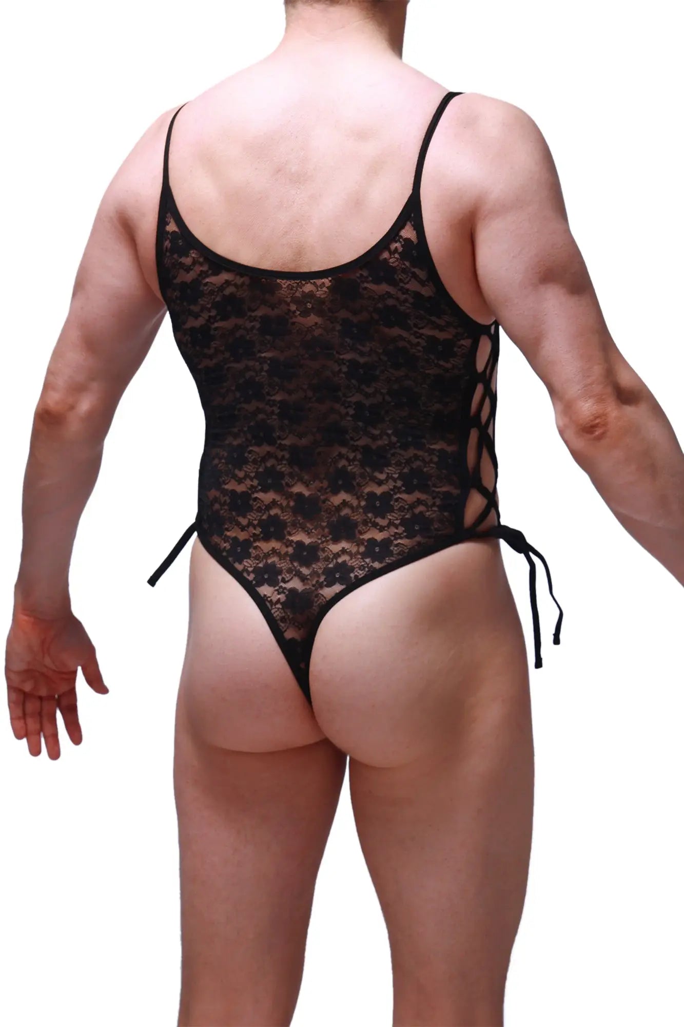 Black lace bodythong with floral pattern and side ties made of delicate lace material