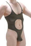 Olive green one-piece swimsuit bodythong lihac plum olive with midsection cutout and separate pouch design