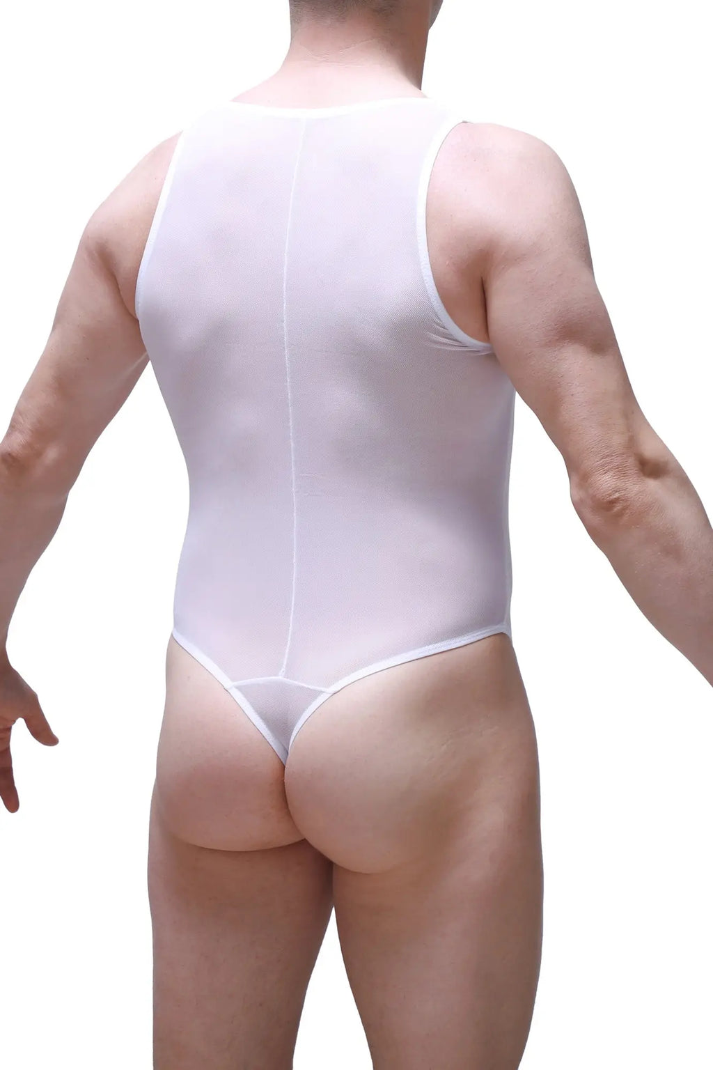 White sheer one-piece bodysuit bodythong liry net white with back seam and thong-style bottom shown from the back