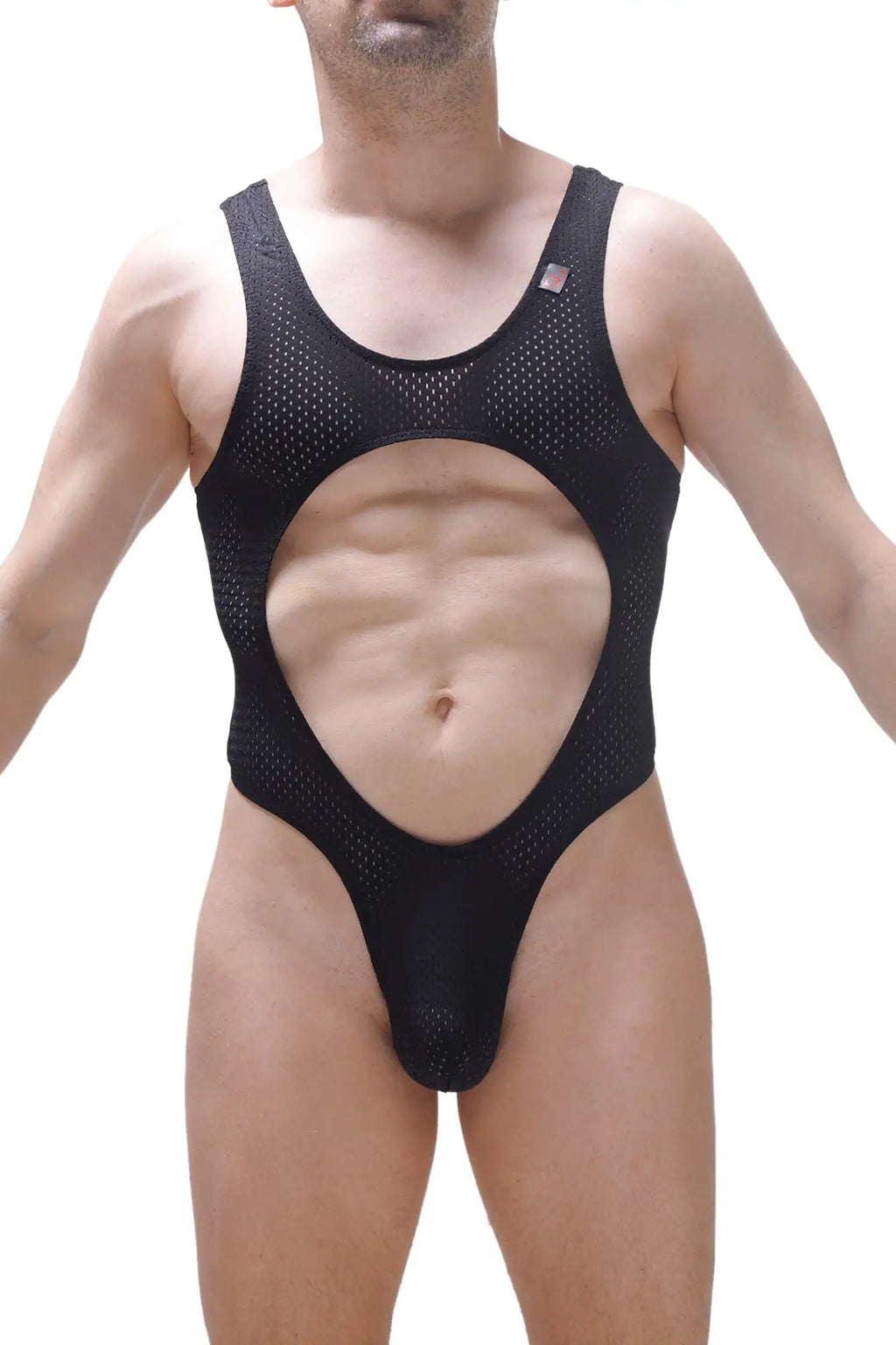 Black mesh one-piece swimsuit bodythong lislay bee black with large abdomen cutout for stylish swimwear look