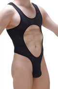 Black mesh one-piece swimsuit with cutout design bodythong lislay bee black shown from the back side
