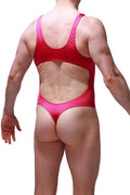 A vibrant red bodythong nexon joe framboise one-piece swimsuit with a cutout back and thong-style bottom shown from the back