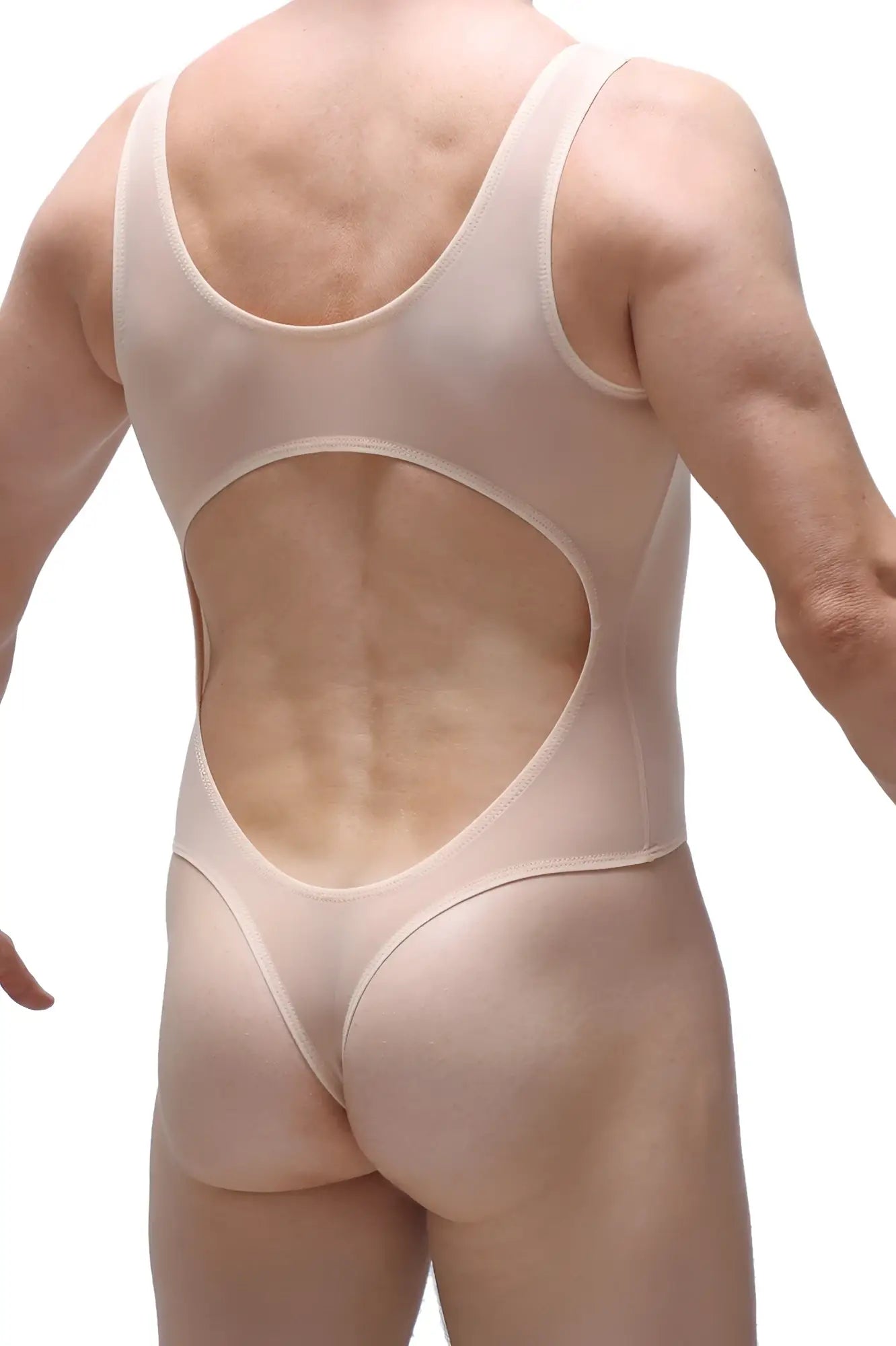 Beige stretchy one-piece swimsuit bodythong nexon net nude with large back cutout and high-cut leg design back view