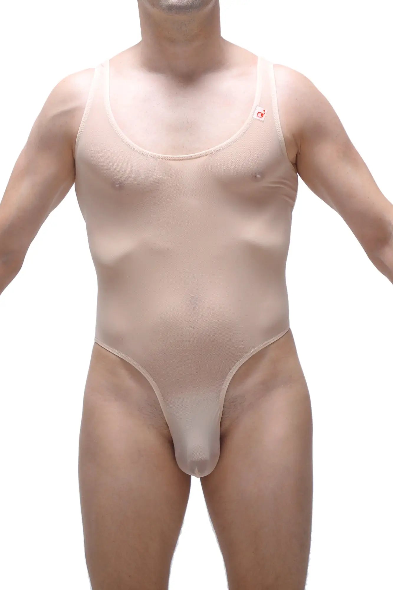 Sheer beige net bodysuit with thin straps and high cut leg design bodythong nexon net nude front view