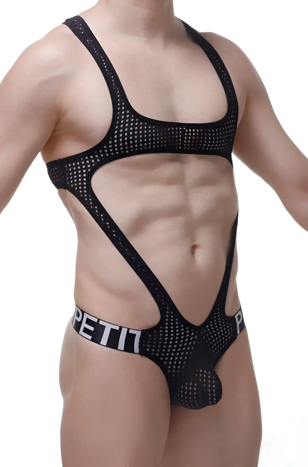 Black mesh bodythong oze durtol with cut-out design and petit branded waistband