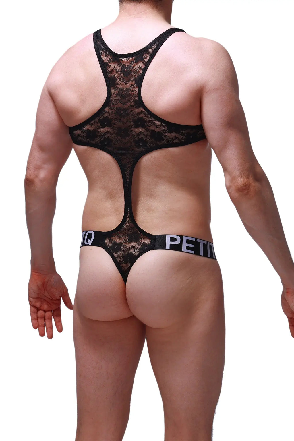Black lace bodythong with cutout back and waistband featuring petitq brand name in black oze lace material