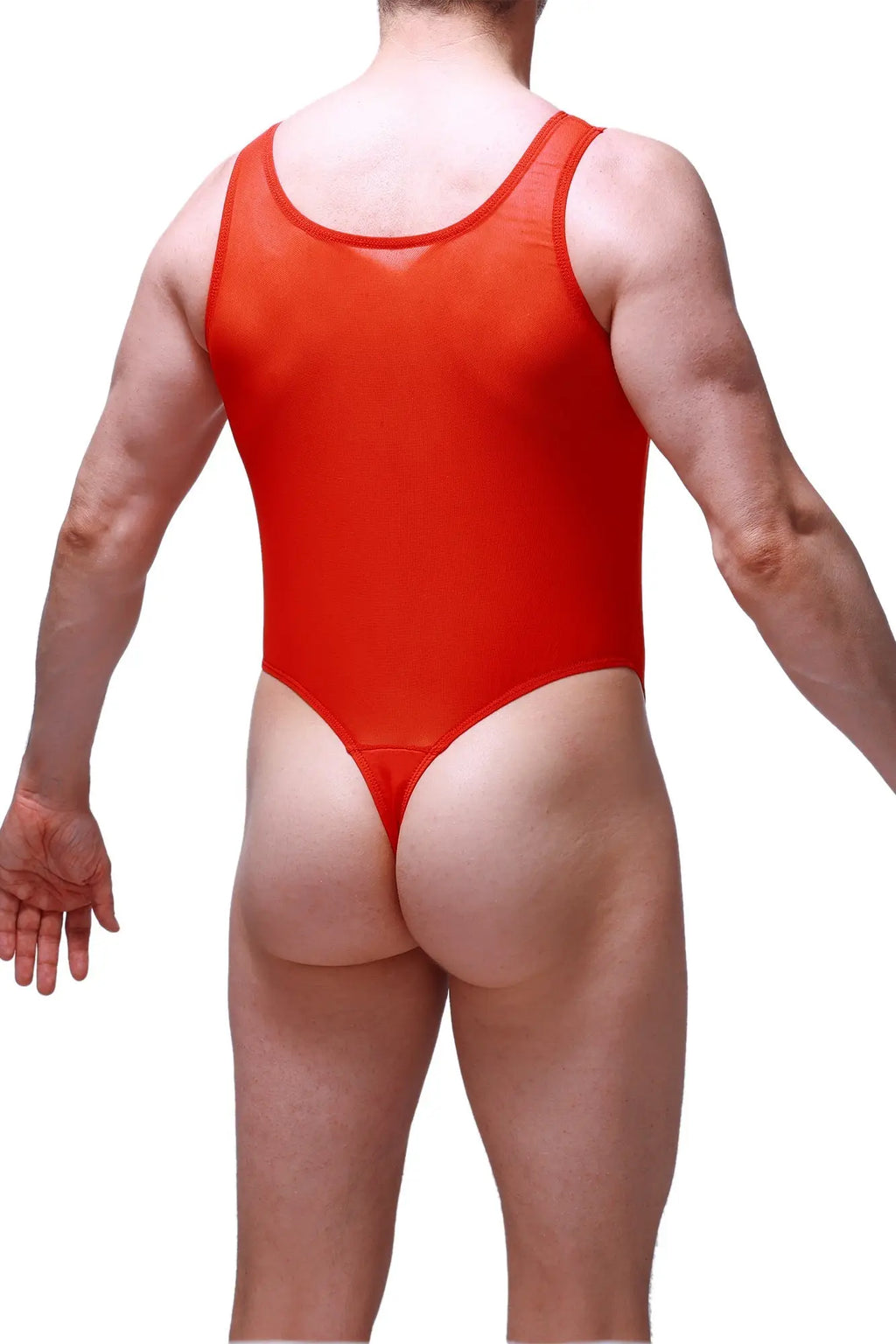 Vibrant red bodythong pencran one-piece swimsuit with scoop neckline and high-cut leg openings