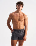 Dark gray sleek bolt 3 short swim trunks with drawstring waistband designed for comfortable water activities