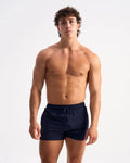 Navy blue bolt 3 short athletic swim trunks with drawstring waistband for active water use