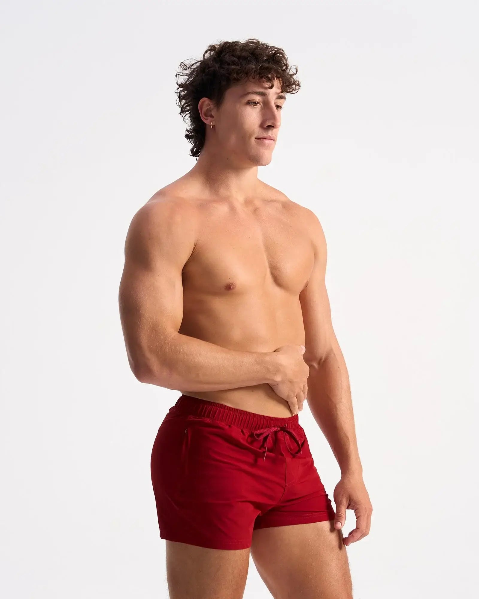 Bolt 3 inch short red athletic shorts with drawstring waistband designed for active wear