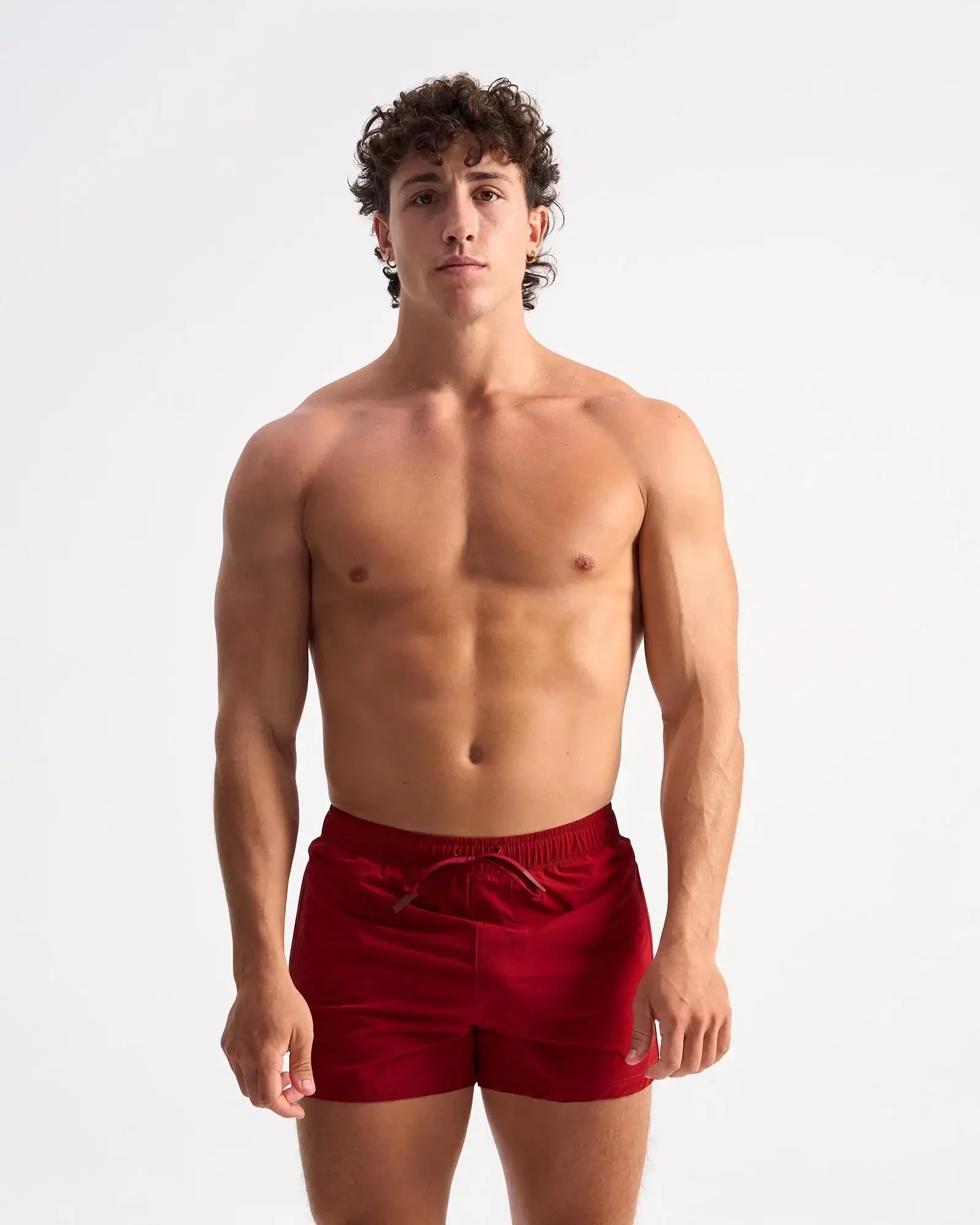 Bolt 3 inch short red velvet swim trunks with a drawstring waistband designed for comfortable beachwear