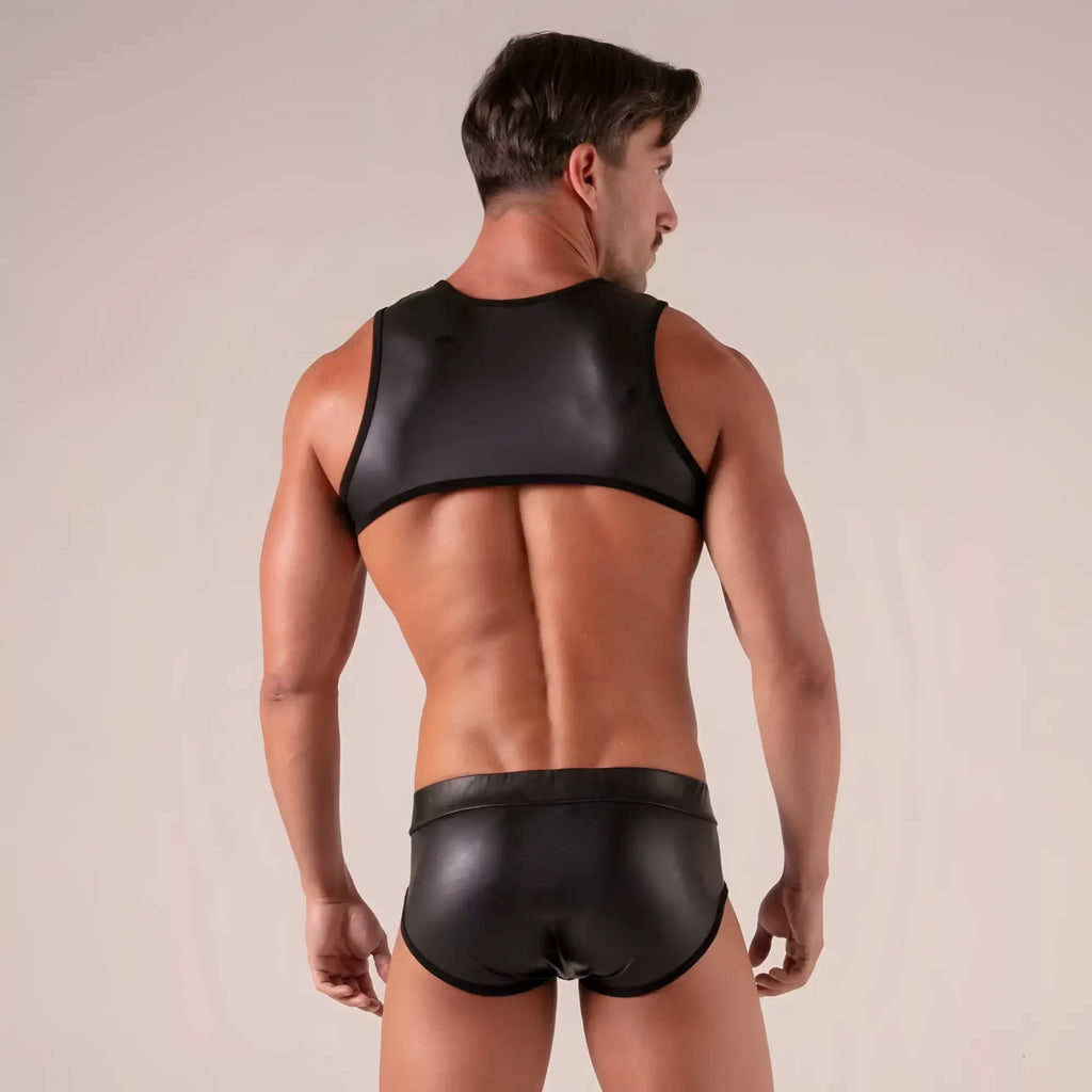 Black shiny faux leather bondage brief tank top and briefs set showcasing edgy lingerie style