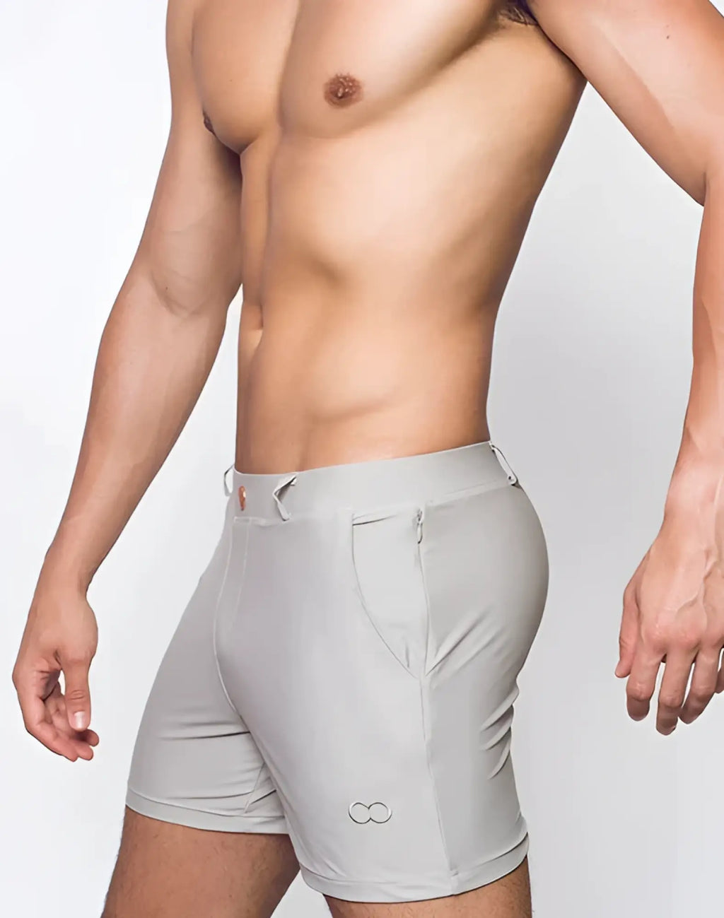 Bondi short gray athletic shorts with a sleek form-fitting design and subtle branding on the lower leg