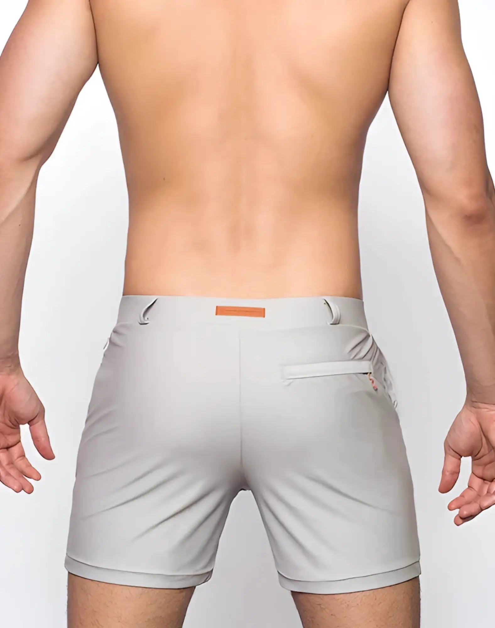 Bondi short gray athletic shorts with subtle texture and orange rectangular brand tag at the waistband