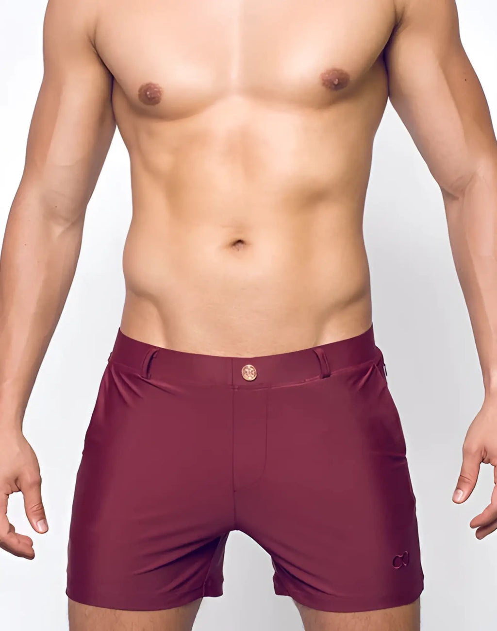 Maroon bondi short swim trunks with sleek smooth fabric and subtle brand logo on the lower right leg