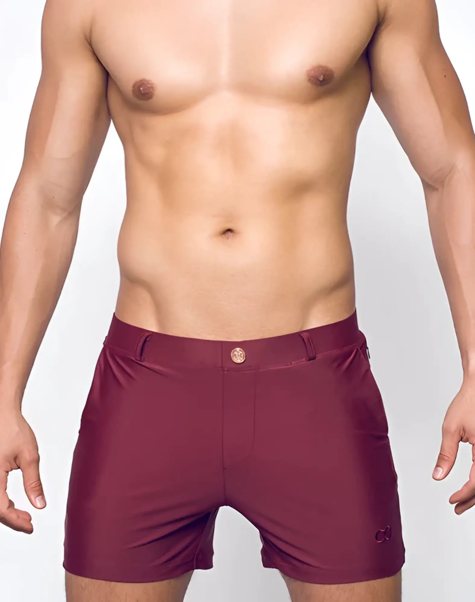 Maroon bondi short swim trunks with sleek smooth fabric and subtle brand logo on the lower right leg