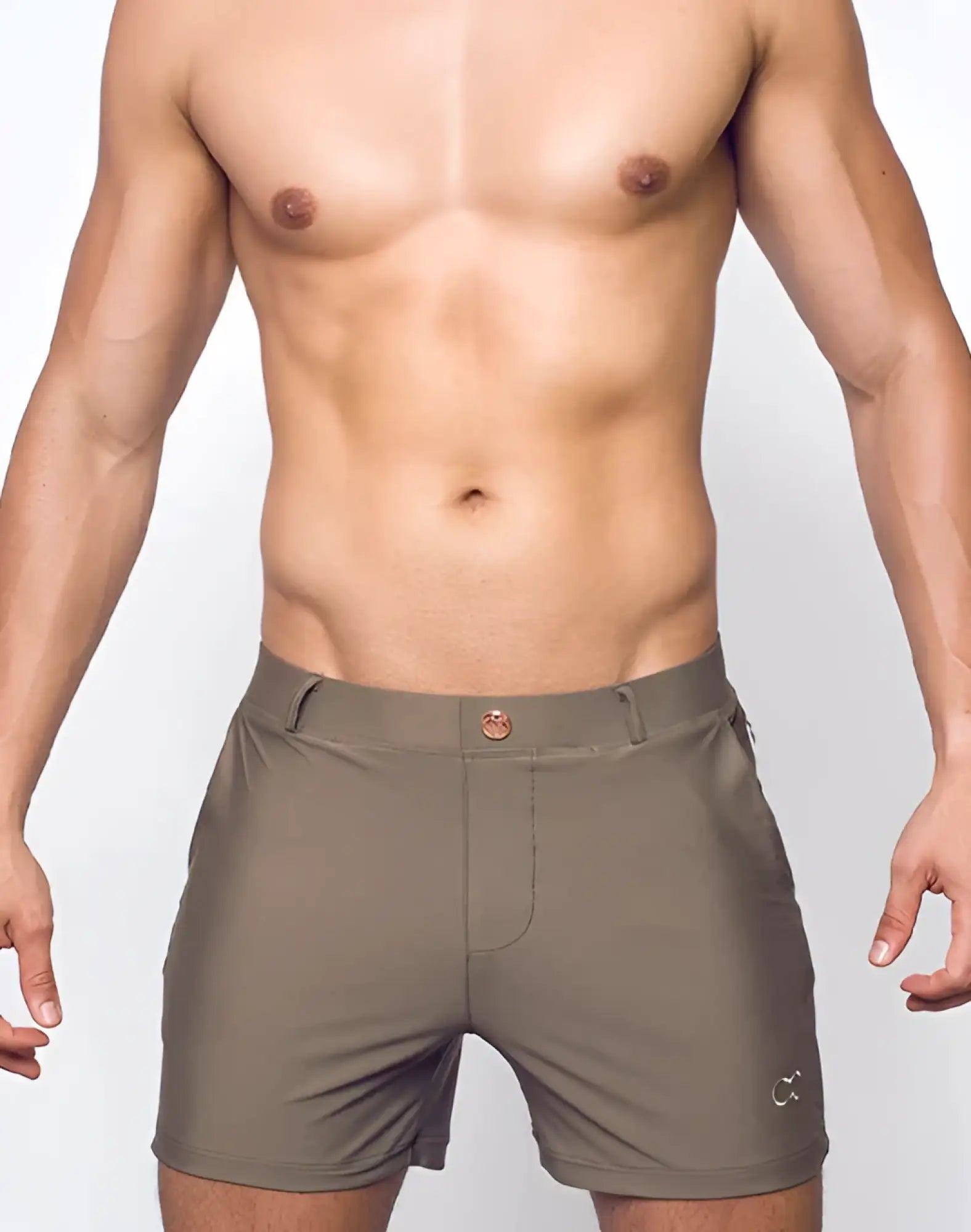 Olive green bondi short athletic shorts with subtle logo on lower right leg designed for active wear