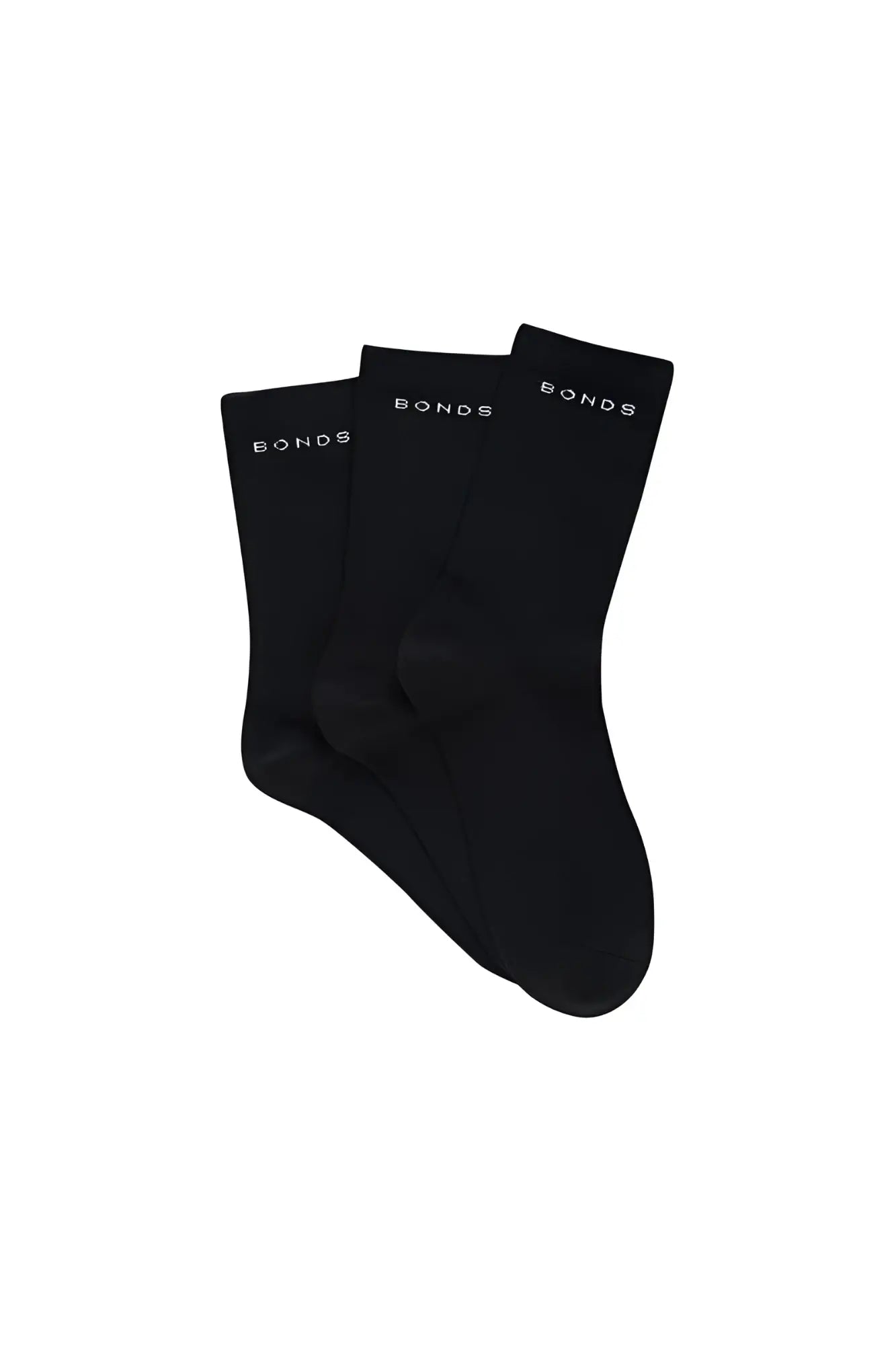 Black bonds cotton crew socks with white lettering on the cuff size 6-10 in a 3 pack