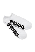 White ankle no show sport socks with bold black bonds logo across the foot size 6-10 in a 3 pack
