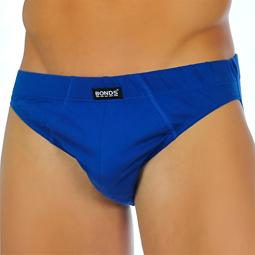 Bonds action brief blue size 2XL snug fit mens briefs with bright blue color and elastic waistband