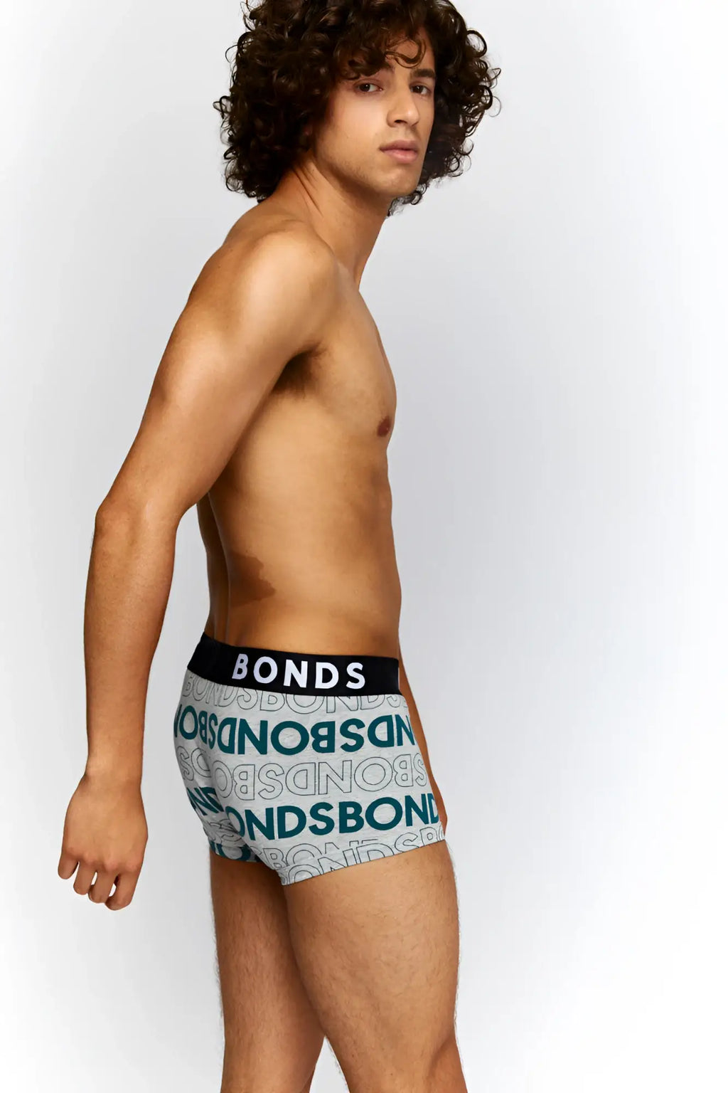 Light blue and white patterned bonds boxer briefs with black waistband and bold white logo size m for comfort wear