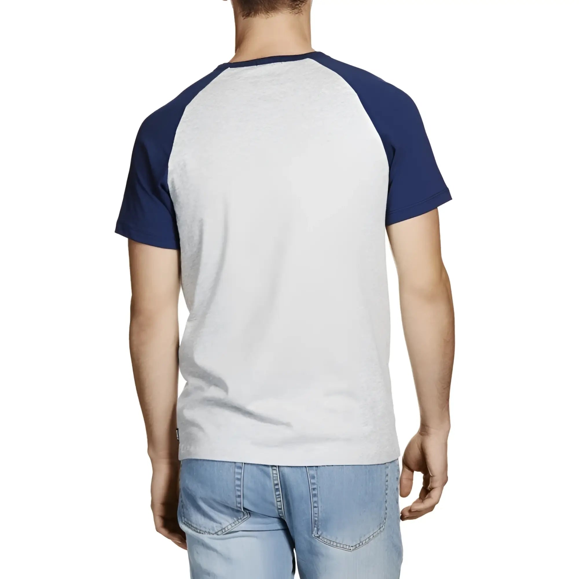 Heather gray and navy blue bonds besties raglan short sleeve t shirt in size m with comfortable cotton blend material