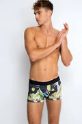Bonds Fit Luxe trunk boxer briefs in size XS with tropical leaf pattern and black waistband for men