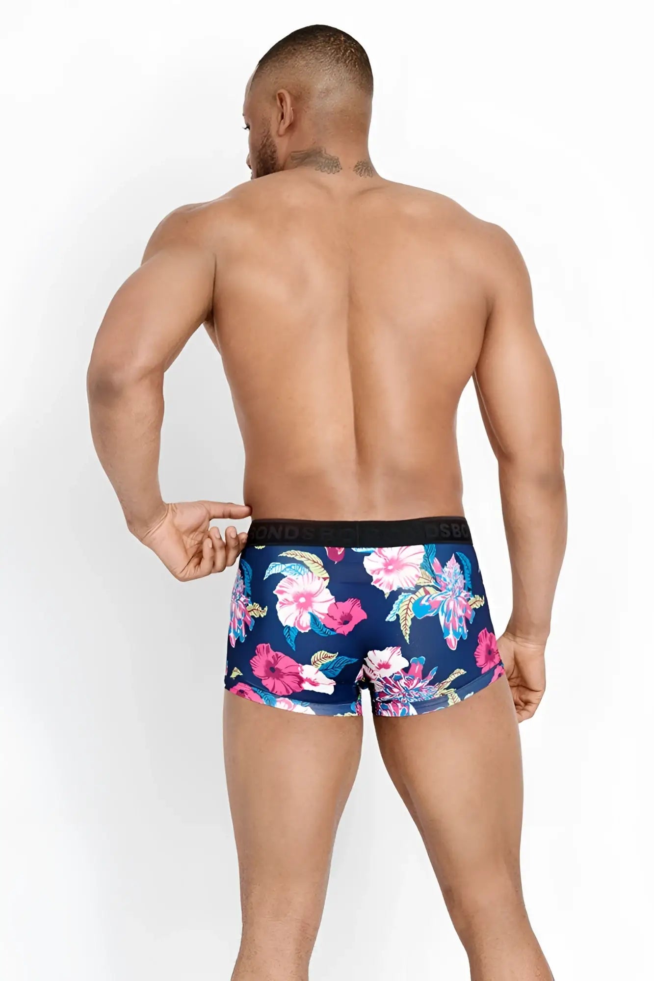 Bonds Fit Luxe trunk boxer brief underwear in blue with floral pattern and black elastic waistband size XS