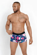 Men’s navy blue floral Bonds Fit Luxe trunk boxer briefs with black elastic waistband in size XS front view